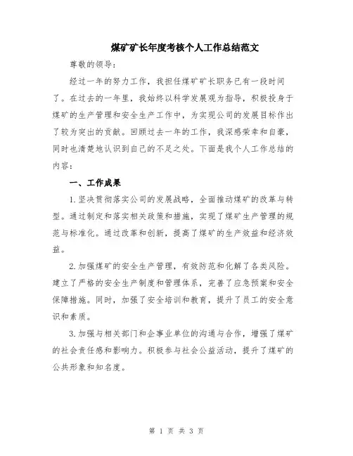 煤矿矿长年度考核个人工作总结范文