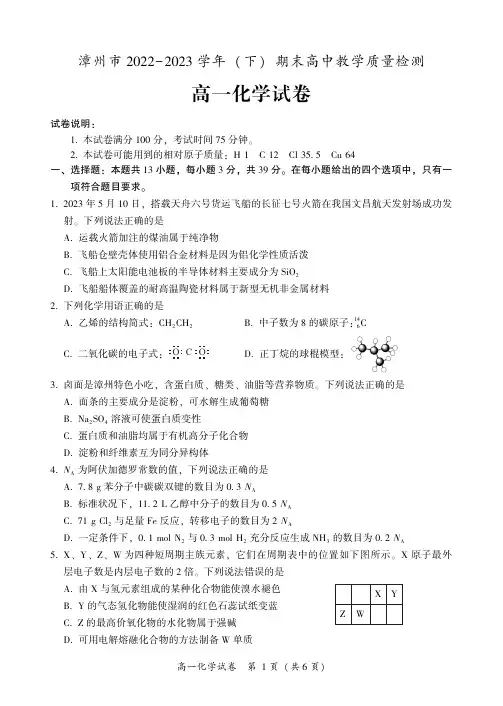 福建省漳州市2022-2023学年高一下学期期末教学质量检测化学试卷及解析