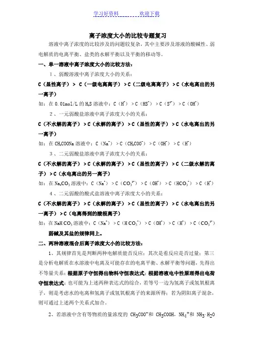 离子浓度大小的比较专题复习
