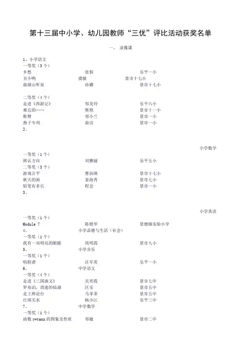 第十三届中小学、幼儿园教师“三优”评比活动获奖名单
