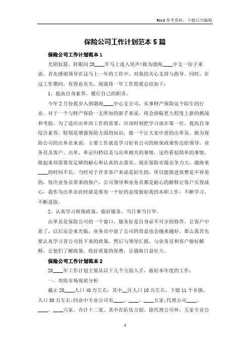 保险公司工作计划范本5篇