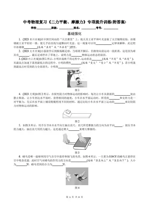 中考物理复习《二力平衡、摩擦力》专项提升训练(附答案)