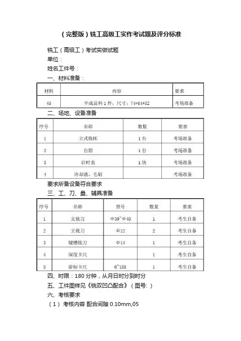 （完整版）铣工高级工实作考试题及评分标准