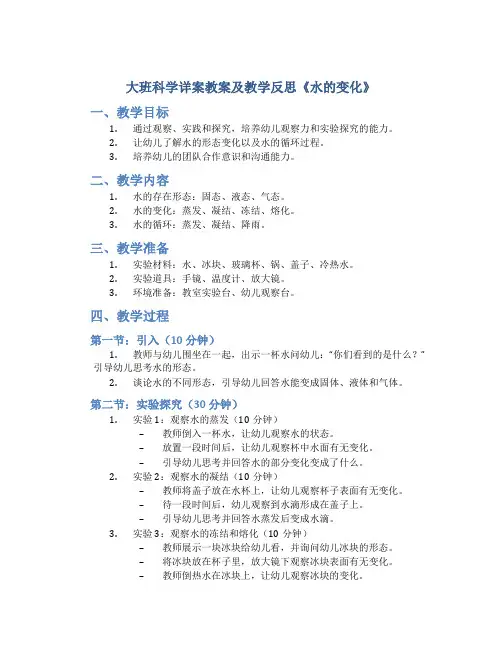 大班科学详案教案及教学反思《水的变化》