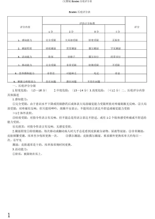 (完整版)Braden压疮评分表