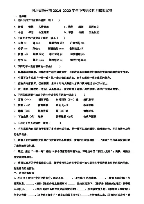 河北省沧州市2019-2020学年中考语文四月模拟试卷含解析