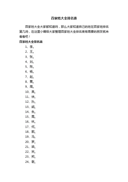 百家姓大全排名表