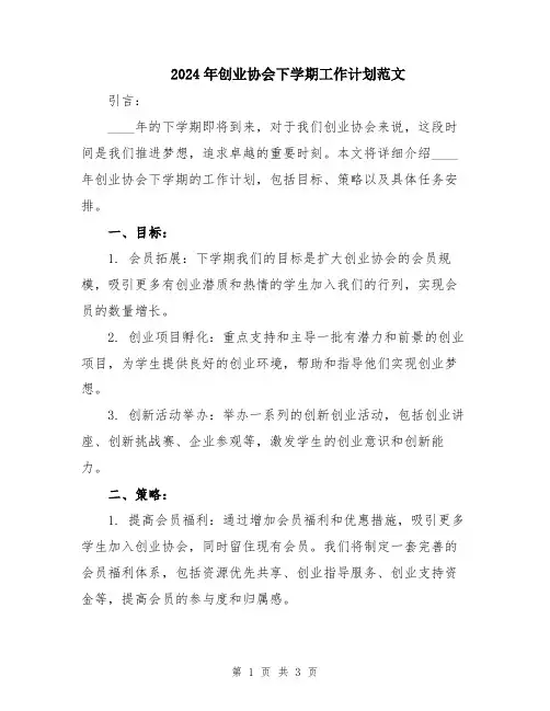2024年创业协会下学期工作计划范文