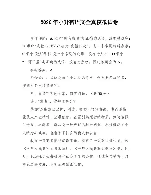 2020年小升初语文全真模拟试卷