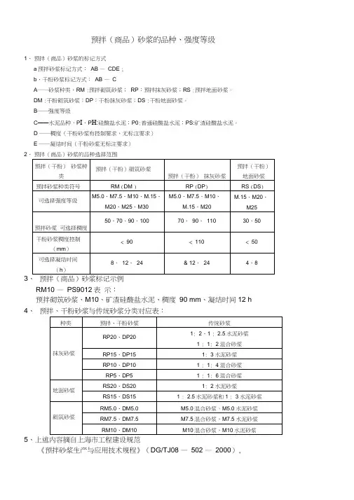 商品砂浆对照表