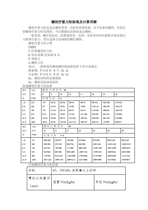 螺栓拧紧力矩标准及计算详解