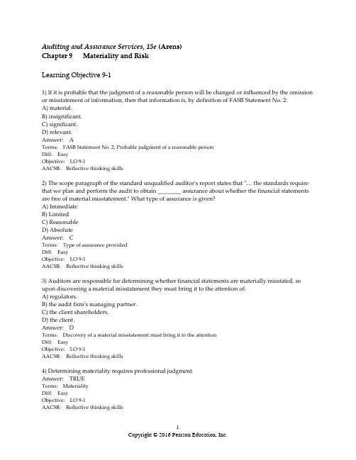 审计学 一种整合方法 Auditingand Assurance Services An integrated approach Test Bank chapter 9