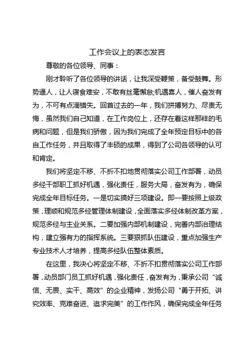 工作会议上的表态发言