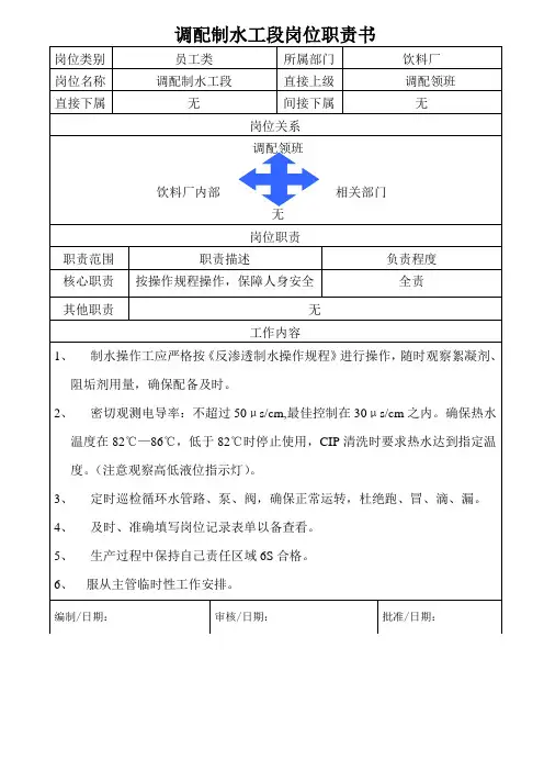 饮料厂调配制水工段员工岗位职责书