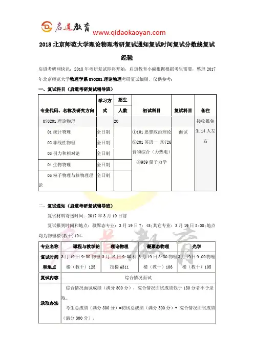 2018北京师范大学物理学系理论物理考研复试通知复试时间复试分数线复试经验