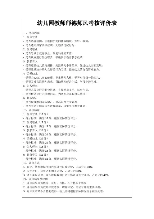 幼儿园教师师德师风考核评价表
