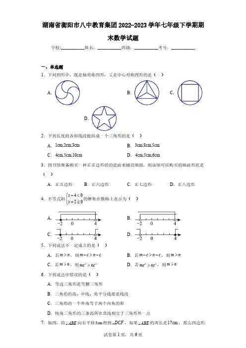 2022-2023学年湖南省衡阳市八中教育集团七年级下学期期末数学试题