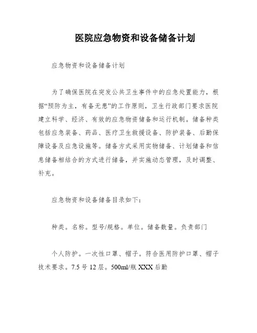 医院应急物资和设备储备计划