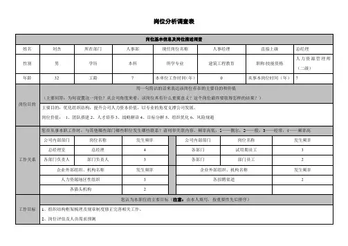 岗位分析调查表--(人力资源经理)
