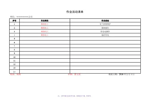 作业活动清单风险评价记录表格