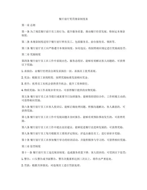 餐厅前厅奖罚规章制度表