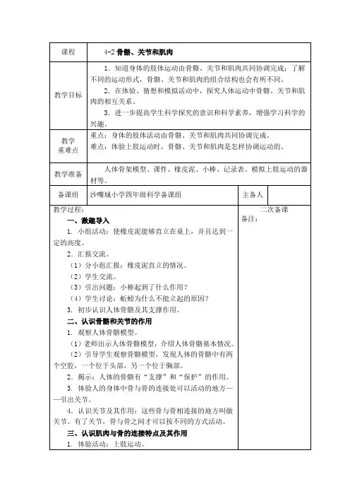 教科版四年级科学上册42骨骼关节和肌肉