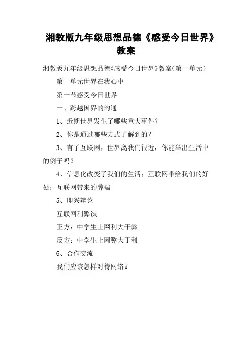 湘教版九年级思想品德《感受今日世界》教案