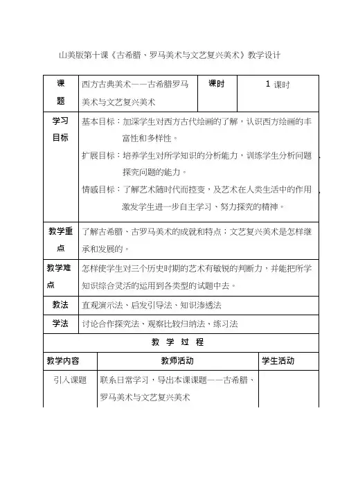 美术《古希腊、罗马美术与文艺复兴美术》教案、教学设计
