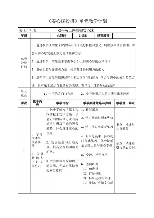实心球投掷单元教学设计-高一上学期体育与健康人教版