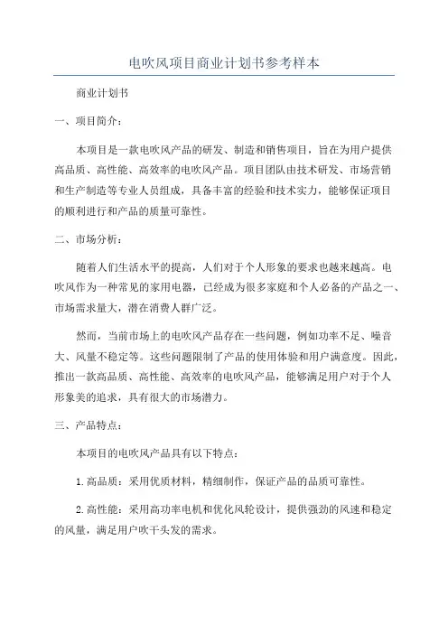 电吹风项目商业计划书参考样本