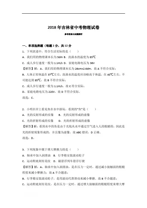 2018年吉林省中考物理试卷含参考解析