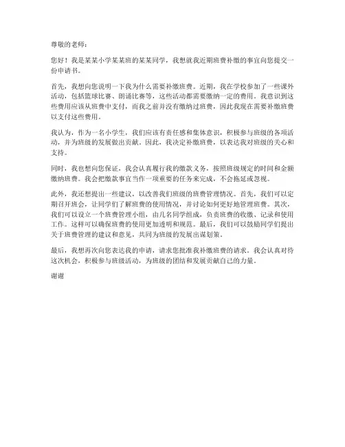小学生班费补缴申请书模板