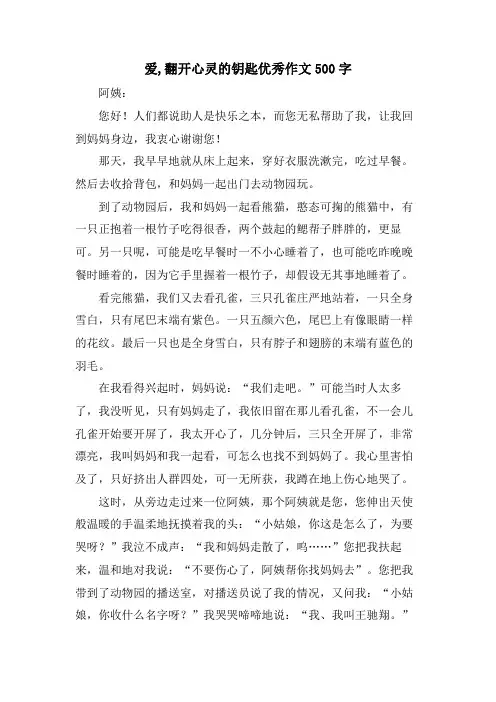 爱,打开心灵的钥匙优秀作文500字