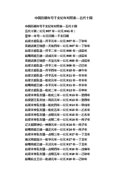 中国历朝年号干支纪年对照表—五代十国