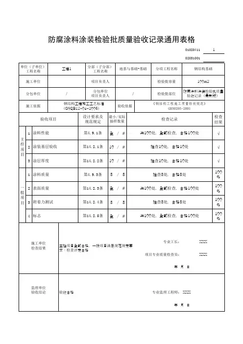 防腐涂料涂装检验批质量验收记录通用表格