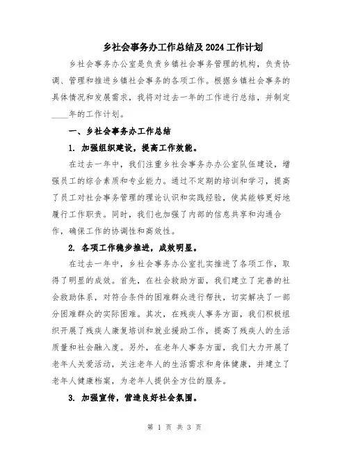 乡社会事务办工作总结及2024工作计划