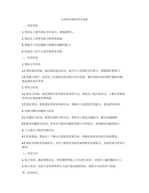企业俱乐部培训计划表