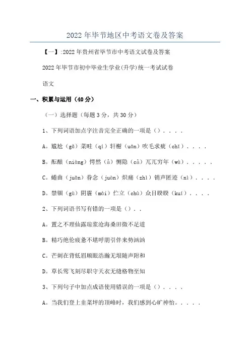 2022年毕节地区中考语文卷及答案