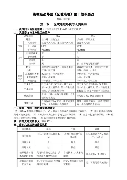 湘教版必修三《区域地理》知识要点