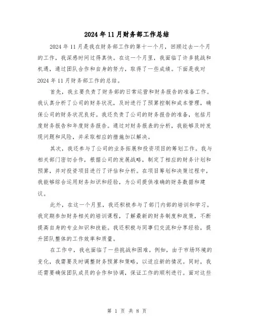 2024年11月财务部工作总结(二篇)