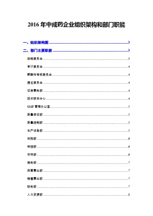 2016年中成药企业组织架构和部门职能