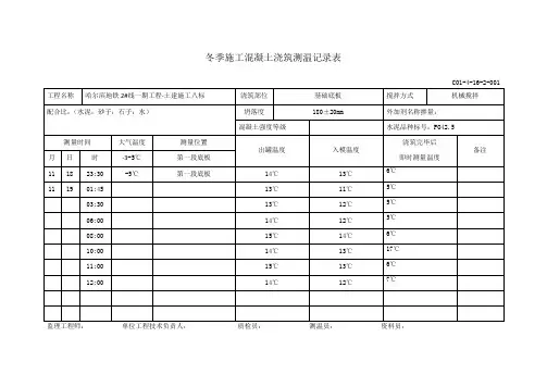 冬季施工混凝土浇筑测温记录表