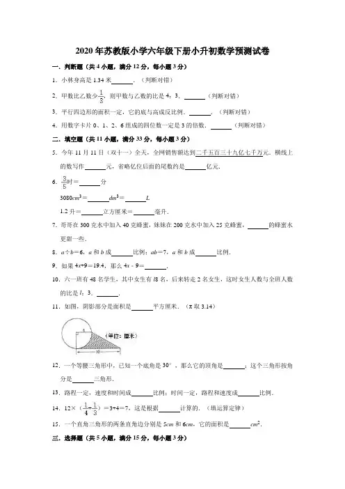 六年级下册数学试题-小升初预测试卷2(解析版)苏教版