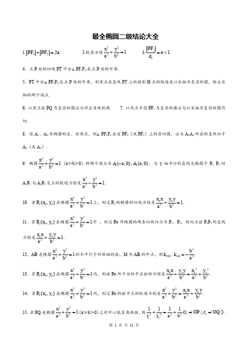 高中数学史上最全椭圆二级结论大全