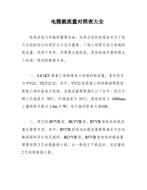电缆载流量对照表大全