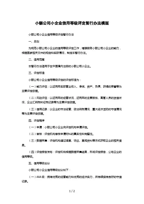 小额公司小企业信用等级评定暂行办法模版