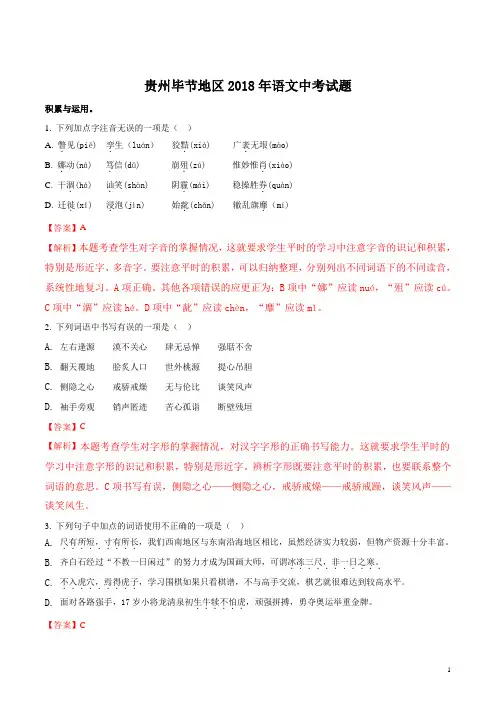 精品解析：贵州省毕节市2018年中考语文试题(解析版)