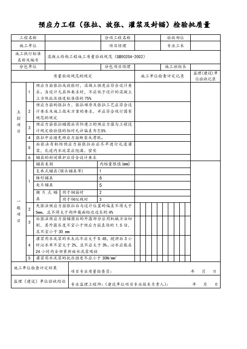 预应力工程(张拉、放张、灌浆及封锚)检验批质量