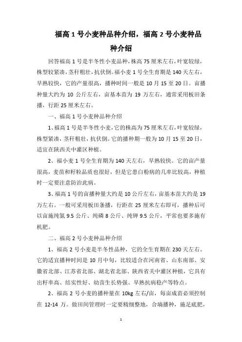 福高1号小麦种品种介绍,福高2号小麦种品种介绍
