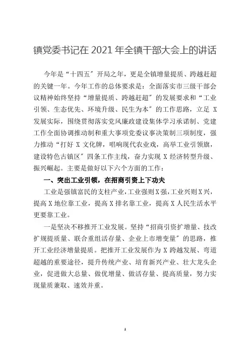 镇党委书记在2021年全镇干部大会上的讲话